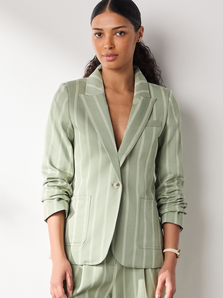 Green/Ecru Stripe N. Premium Single Breasted Blazer with Linen - Image 2 of 7 Green/Ecru Stripe N. Premium Single Breasted Blazer with Linen - Image 2 of 7