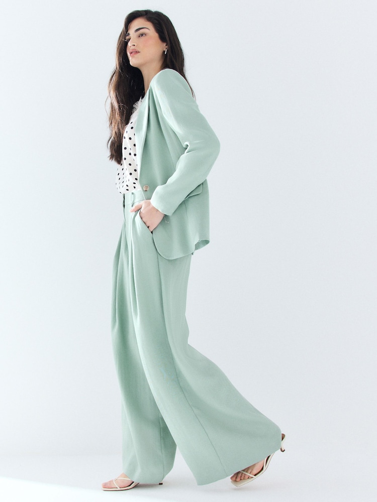 Sage Green Crinkle Fabric Wide Leg Tailored Trousers - Image 1 of 8 Sage Green Crinkle Fabric Wide Leg Tailored Trousers - Image 1 of 8