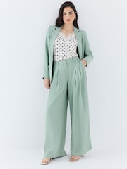 Sage Green Crinkle Fabric Wide Leg Tailored Trousers - Image 2 of 8