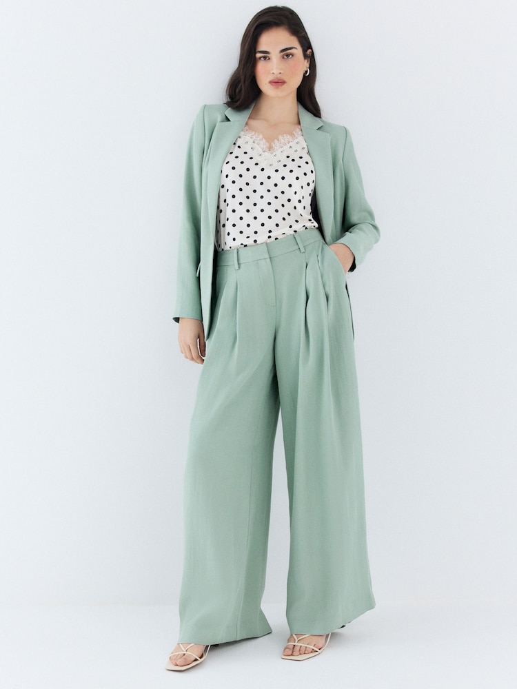 Sage Green Crinkle Fabric Wide Leg Tailored Trousers - Image 2 of 8 Sage Green Crinkle Fabric Wide Leg Tailored Trousers - Image 2 of 8