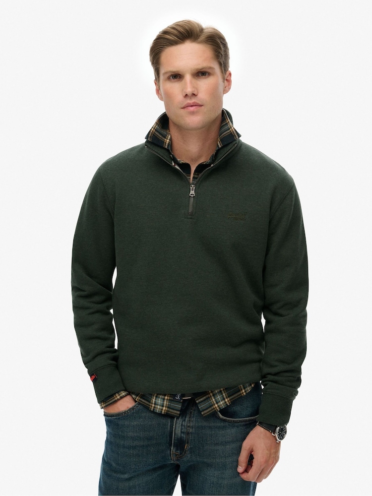 Superdry Green Essential Logo Half Zip Sweat Top - Image 1 of 7 Superdry Green Essential Logo Half Zip Sweat Top - Image 1 of 7