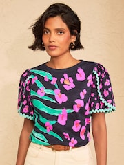 Love & Roses Navy Animal Print Crew Neck Ric Rac Sleeve Scallop T-Shirt - Image 1 of 4