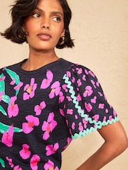 Love & Roses Navy Animal Print Crew Neck Ric Rac Sleeve Scallop T-Shirt - Image 2 of 4