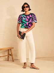 Love & Roses Navy Animal Print Crew Neck Ric Rac Sleeve Scallop T-Shirt - Image 3 of 4