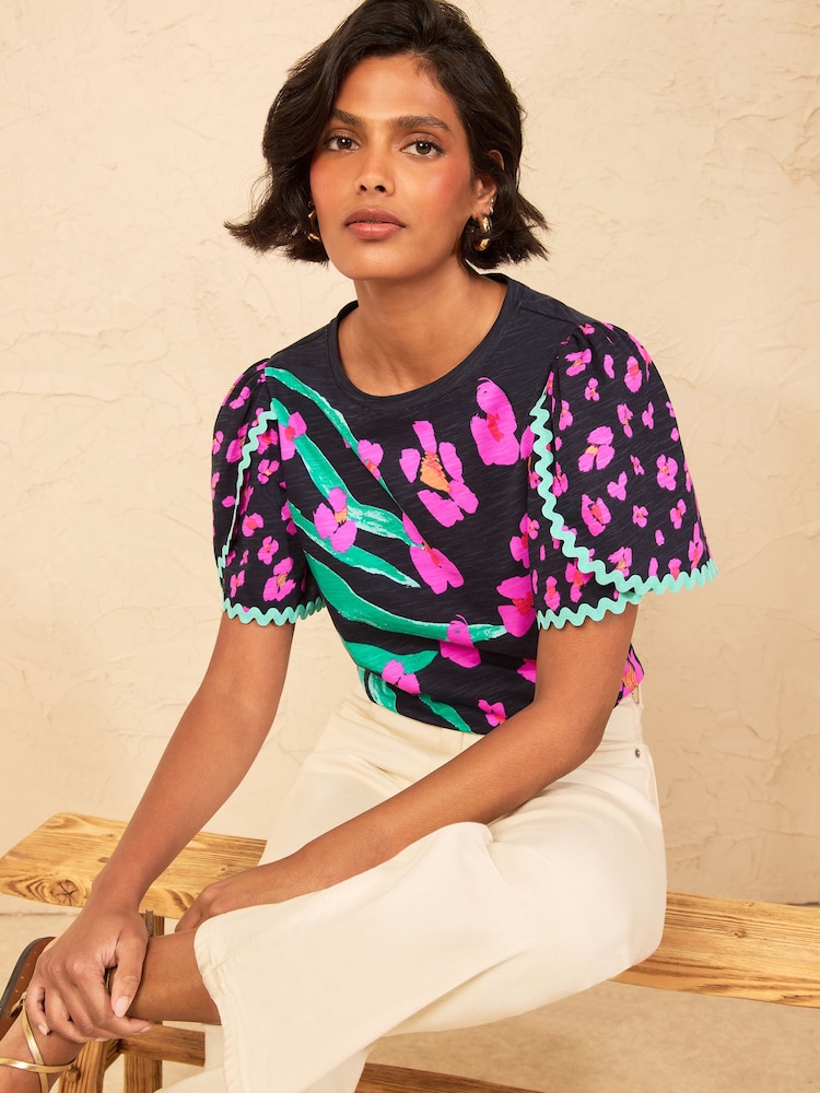 Love & Roses Navy Animal Print Crew Neck Ric Rac Sleeve Scallop T-Shirt - Image 4 of 4 Love & Roses Navy Animal Print Crew Neck Ric Rac Sleeve Scallop T-Shirt - Image 4 of 4