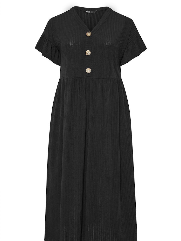 Yours Curve Black Ribbed Frill Midaxi Dress - Image 5 of 5