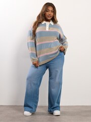 Yours Curve Blue Rugby Collar Jumper - Image 2 of 5