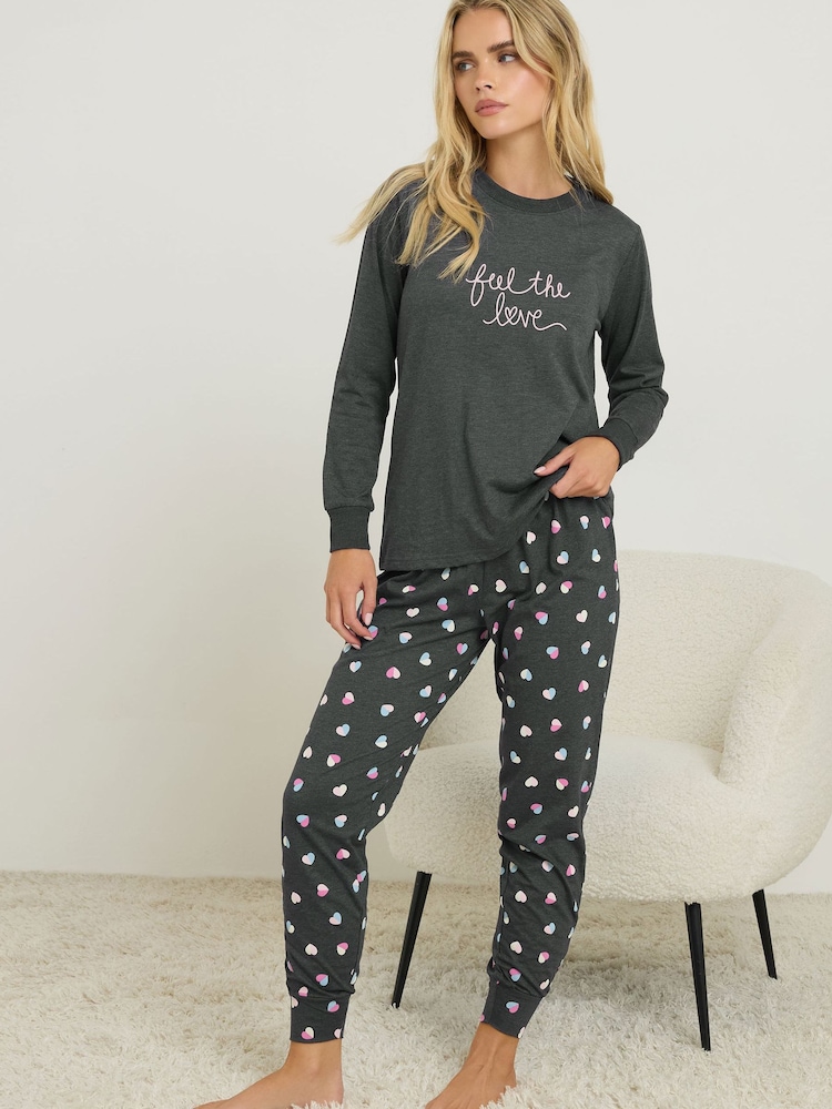PixieGirl Petite Grey Half Heart Long Sleeve Cuffed PJ Set - Image 2 of 5 PixieGirl Petite Grey Half Heart Long Sleeve Cuffed PJ Set - Image 2 of 5