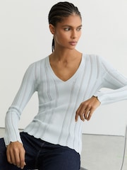Reiss Pale Blue Loui Open-Stitch V-Neck Jumper - Image 1 of 7