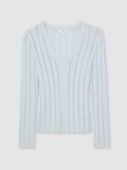 Reiss Pale Blue Loui Open-Stitch V-Neck Jumper - Image 2 of 7