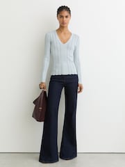Reiss Pale Blue Loui Open-Stitch V-Neck Jumper - Image 3 of 7