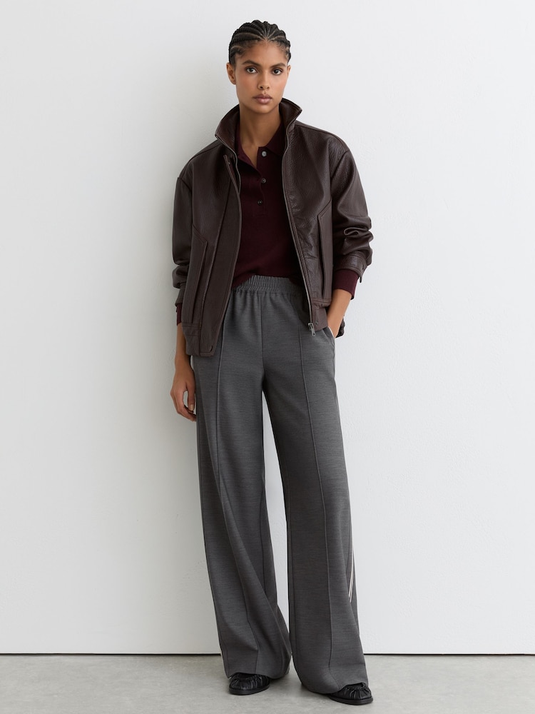 Reiss Grey Marlow Petite Mélange Side-Stripe Wide-Leg Trousers - Image 1 of 7