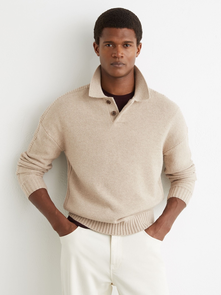 Reiss Oatmeal Elm Wool-Blend Half-Button Polo Jumper - Image 1 of 6