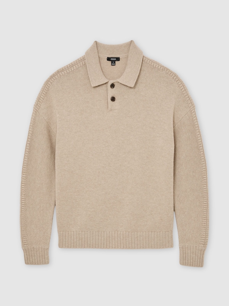 Reiss Oatmeal Elm Wool-Blend Half-Button Polo Jumper - Image 2 of 6