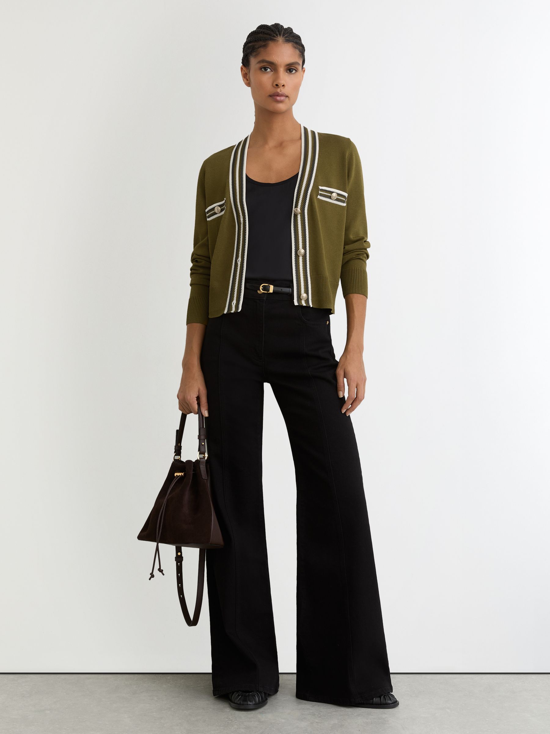 Buy Reiss Green/Ivory Danni Tipped Button-Through Cardigan from