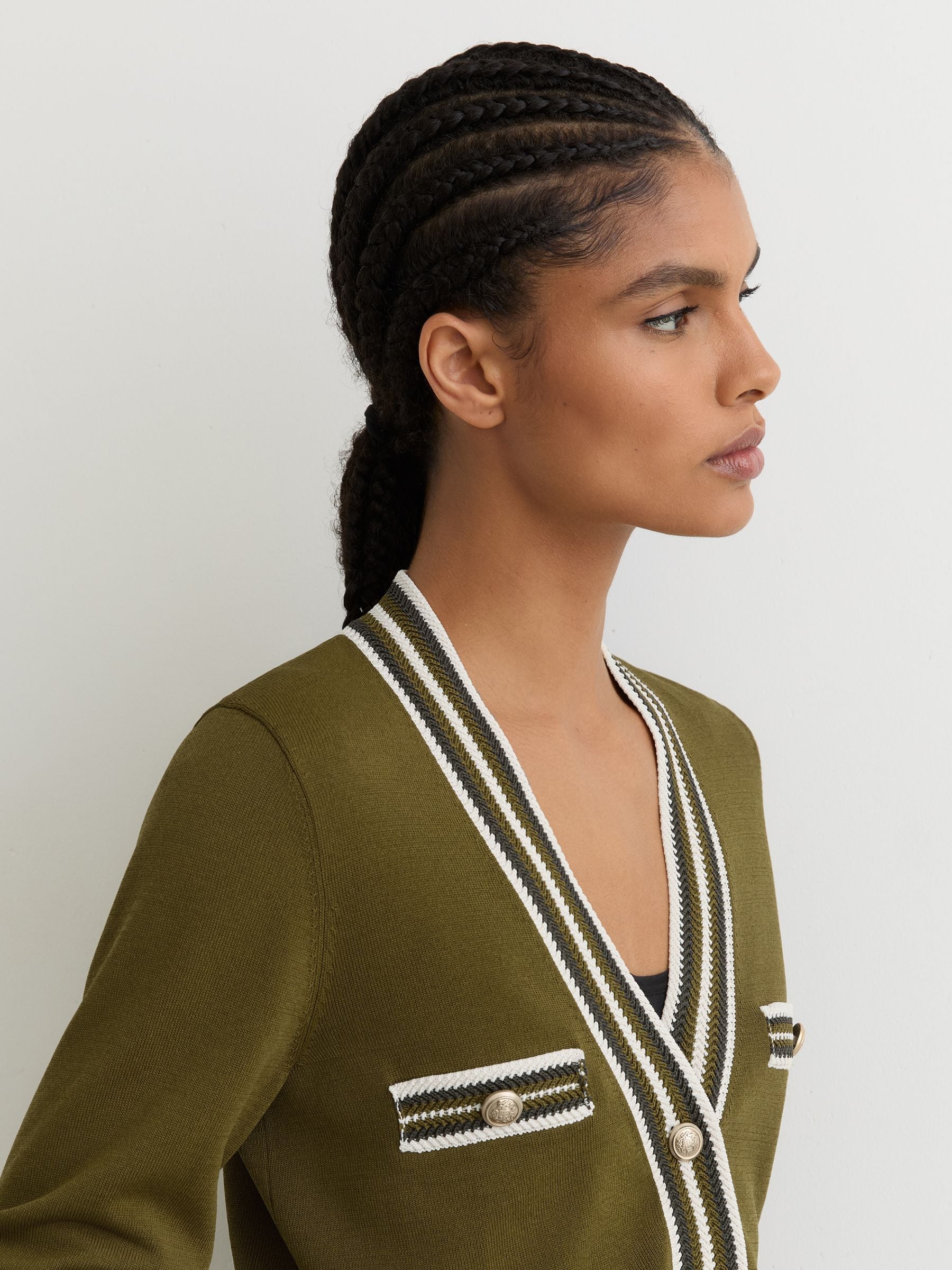 Buy Reiss Green/Ivory Danni Tipped Button-Through Cardigan from