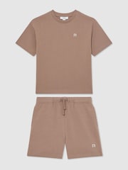 브라운 - Reiss 에이번 세트 로고 티셔츠 및 반바지 세트 (면 혼방) - 3의 이미지 2