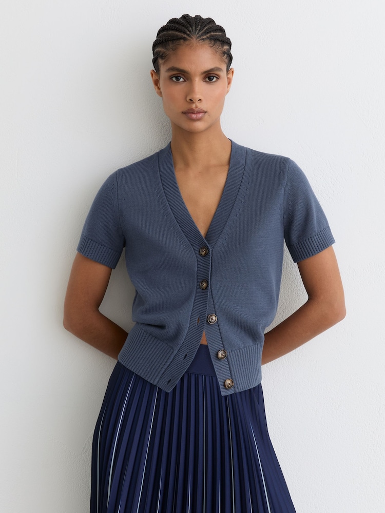 Reiss Blue Anya V-Neck Short-Sleeve Cardigan Cotton-Wool - Image 1 of 6 Reiss Blue Anya V-Neck Short-Sleeve Cardigan Cotton-Wool - Image 1 of 6