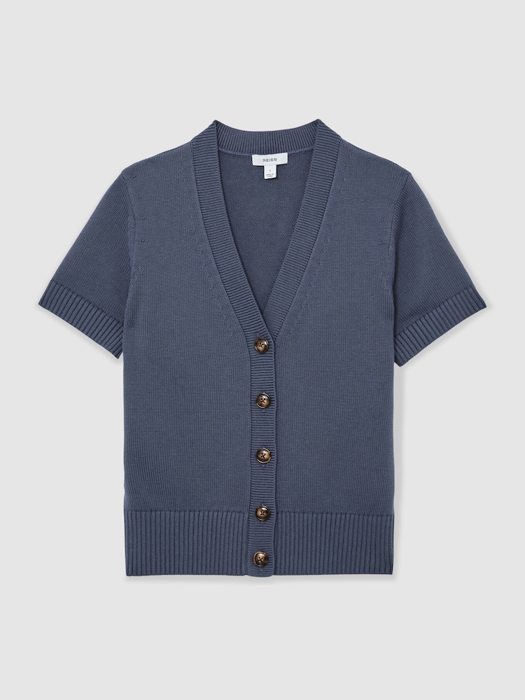 Reiss Blue Anya V-Neck Short-Sleeve Cardigan Cotton-Wool - Image 2 of 6 Reiss Blue Anya V-Neck Short-Sleeve Cardigan Cotton-Wool - Image 2 of 6