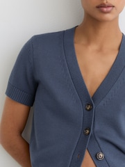 Reiss Blue Anya V-Neck Short-Sleeve Cardigan Cotton-Wool - Image 4 of 6