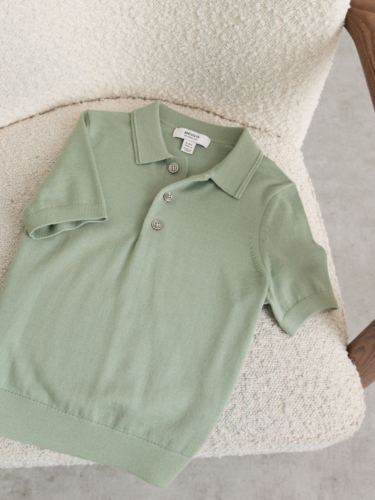Reiss Light Sage Green Manor 13-14 yrs Merino Wool Short-Sleeve Polo Shirt - Image 2 of 3