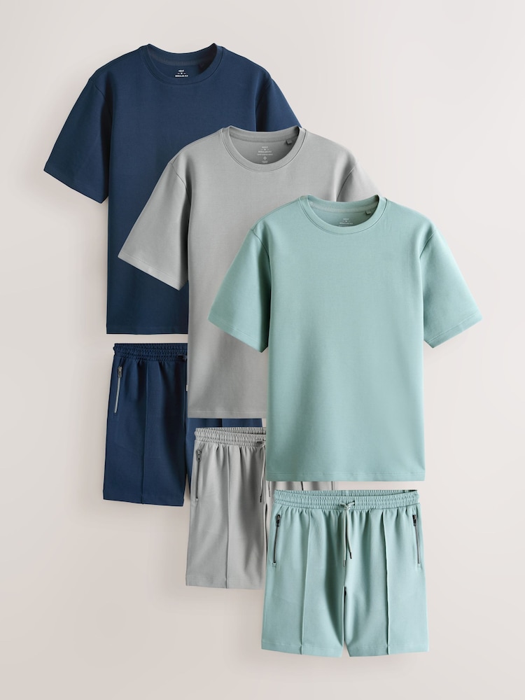 Navy Blue/Grey/Green - T-Shirt and Shorts Set Multipack - Bild 1 von 9