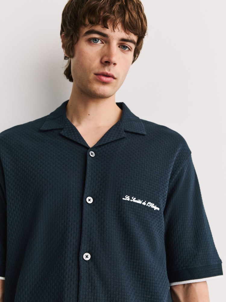 Navy Blue Regular Fit Jersey Short Sleeve Revere Collar Shirt - Image 1 of 8
