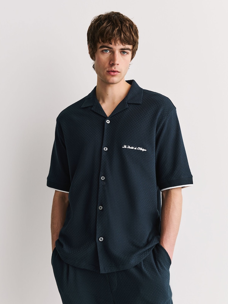 Navy Blue Regular Fit Jersey Short Sleeve Revere Collar Shirt - Image 2 of 8