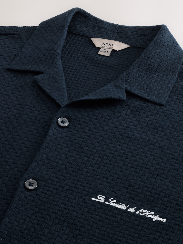 Navy Blue Regular Fit Jersey Short Sleeve Revere Collar Shirt - Image 8 of 8