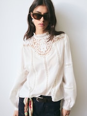 BHOEM Embroidered Crochet Cotton White Blouse - 5的图像1｝