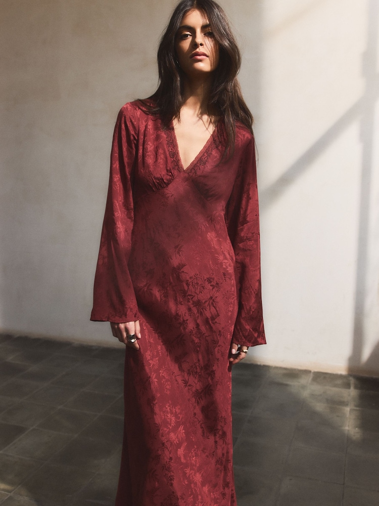 BHOEM Burgundy Red Jacquard Embroidered Midi Dress - Image 1 of 6