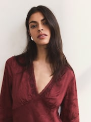 BHOEM Burgundy Red Jacquard Embroidered Midi Dress - Image 2 of 6