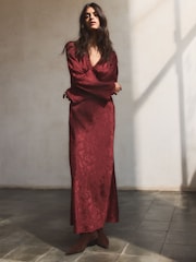 BHOEM Burgundy Red Jacquard Embroidered Midi Dress - Image 4 of 6