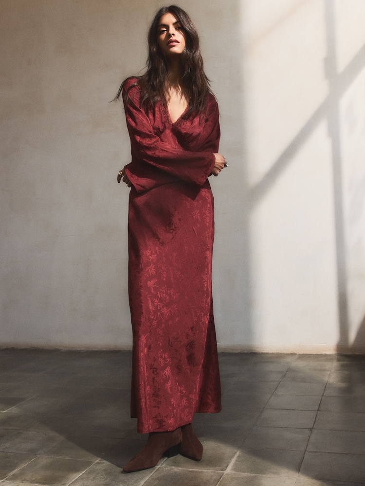 red embroidered dress for women Womens BHOEM Burgundy Red Jacquard Embroidered Midi Dress 6