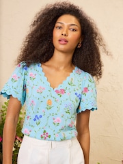 Love & Roses x RHS Light Blue Floral Print Petite Scallop T-Shirt - Image 1 of 5
