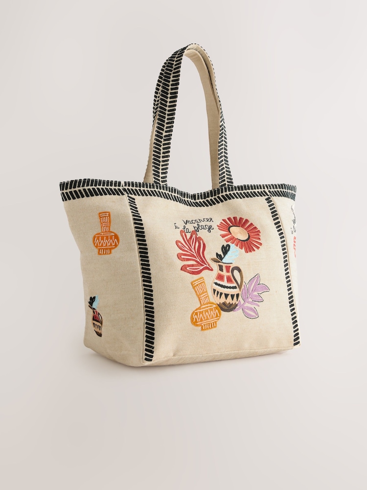 لون طبيعي - حقيبة كتف بتفاصيل مطرزة - صورة 1 من 6