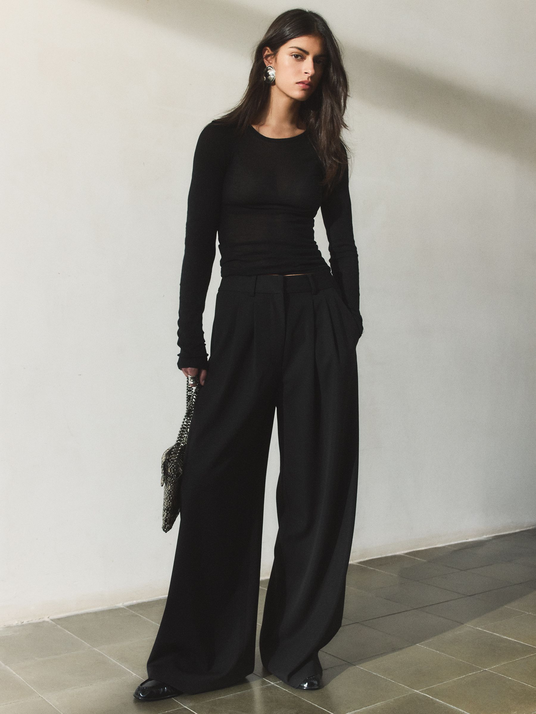 Buy BHOEM Black Wide Leg Pleated Black Trousers With Wool from the
