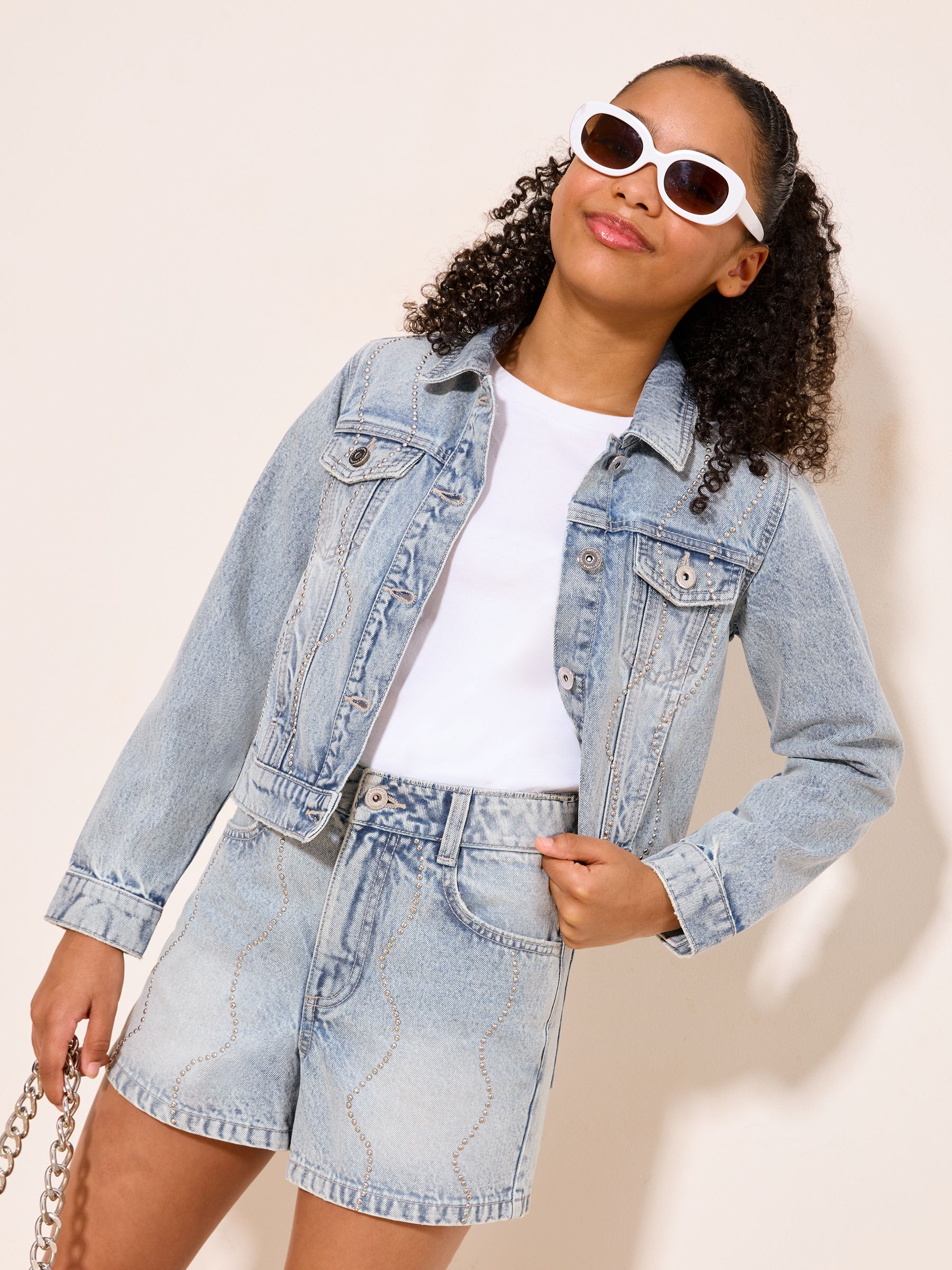 Buy Lipsy Light Wash Blue Embellished Denim Shorts (7-16yrs) from
