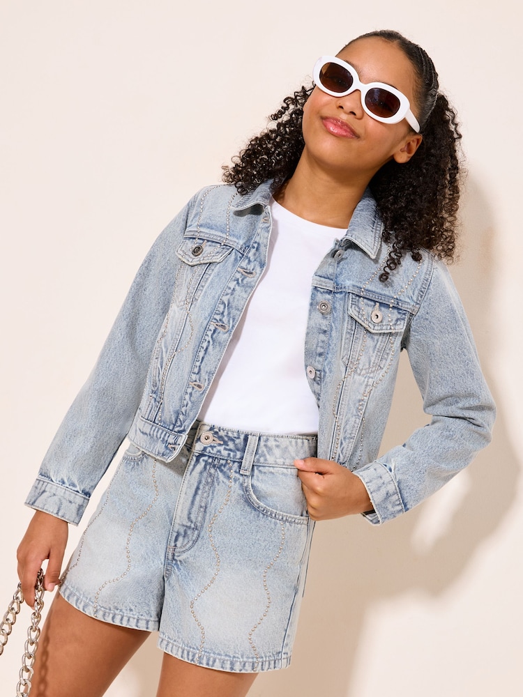 Lipsy Light Wash Blue Embellished Denim Shorts (7-16yrs) - Image 2 of 5 Lipsy Light Wash Blue Embellished Denim Shorts (7-16yrs) - Image 2 of 5