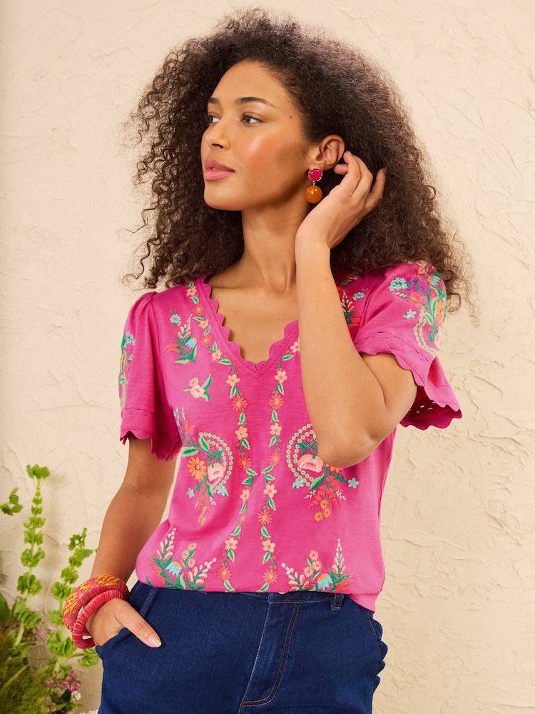 Love & Roses x RHS Pink Embroidered Floral Petite Scallop T-Shirt - Image 5 of 5