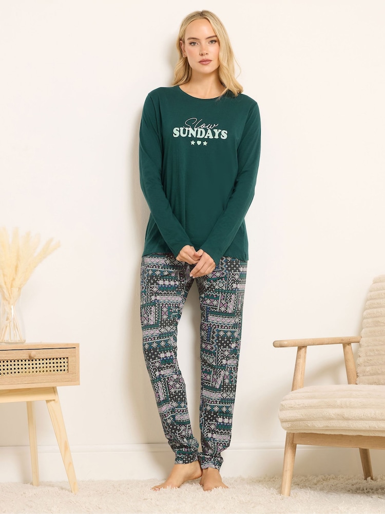 Long Tall Sally Green Sunday Fairisle Long Sleeve Cuffed PJ Set - Image 1 of 5 Long Tall Sally Green Sunday Fairisle Long Sleeve Cuffed PJ Set - Image 1 of 5