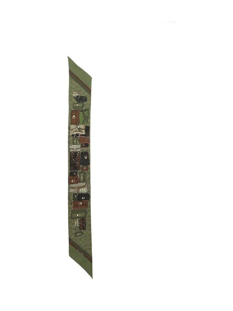 COACH Green Stacked Tabby Printed Wide Silk Skinny Scarf - Image 1 of 4 COACH Green Stacked Tabby Printed Wide Silk Skinny Scarf - Image 1 of 4