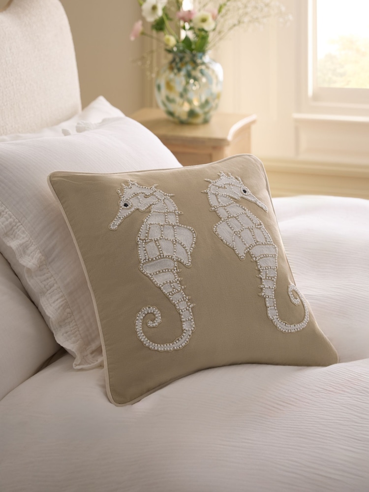 Natural 43 x 43cm Embellished Seahorse Cushion - Image 1 of 5
