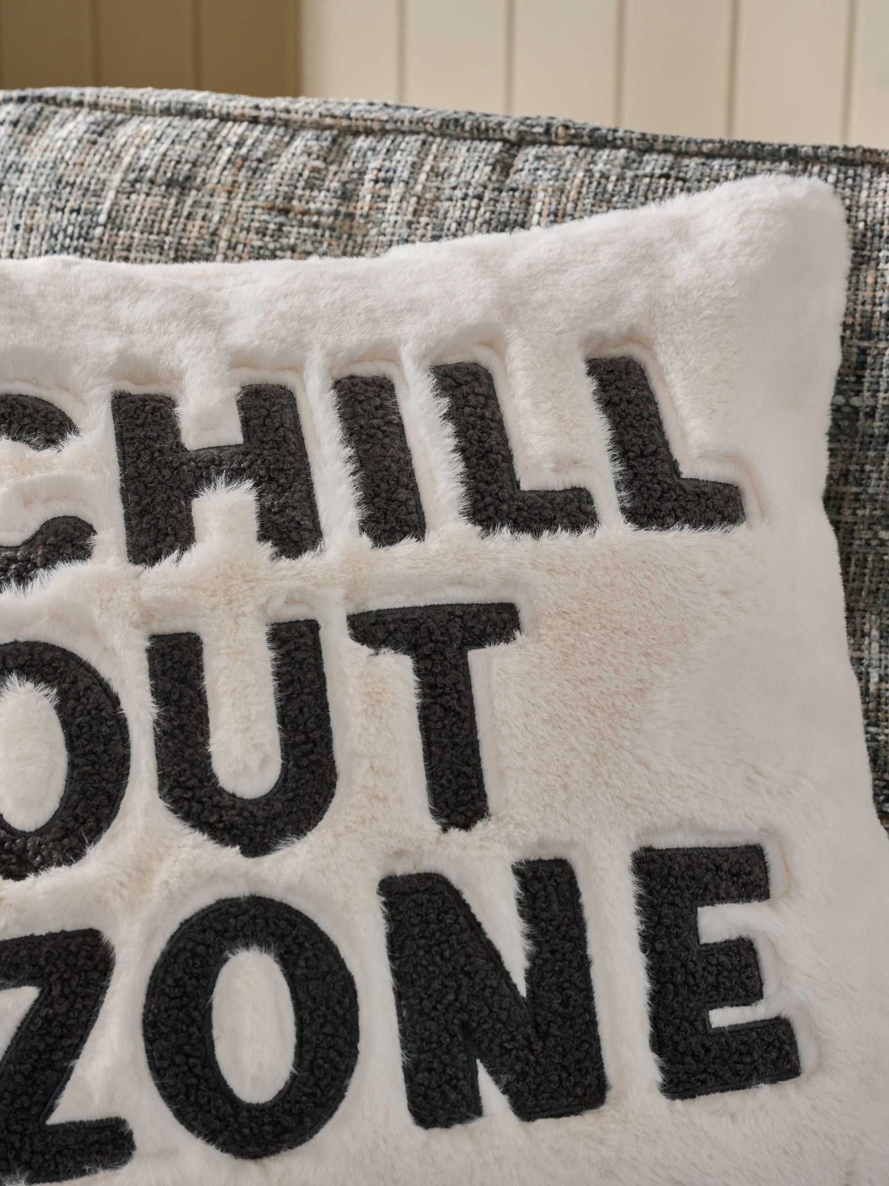 Buy Natural 50 x 50cm Faux Fur Chill Out Zone Slogan Cushion from