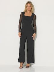 PixieGirl Petite Black Mesh Long Sleeve Side Leg Jumpsuit - Image 1 of 5