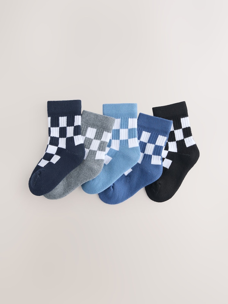Blue Checkerboard Cushioned Footbed Cotton Rich Ribbed Tipped Socks 5 Pack - Image 1 of 3