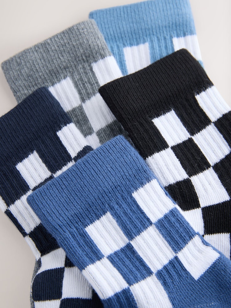 Blue Checkerboard Cushioned Footbed Cotton Rich Ribbed Tipped Socks 5 Pack - Image 2 of 3