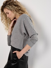 Apricot Grey Pearls Stud Gems Batwing Jumper - Image 2 of 4
