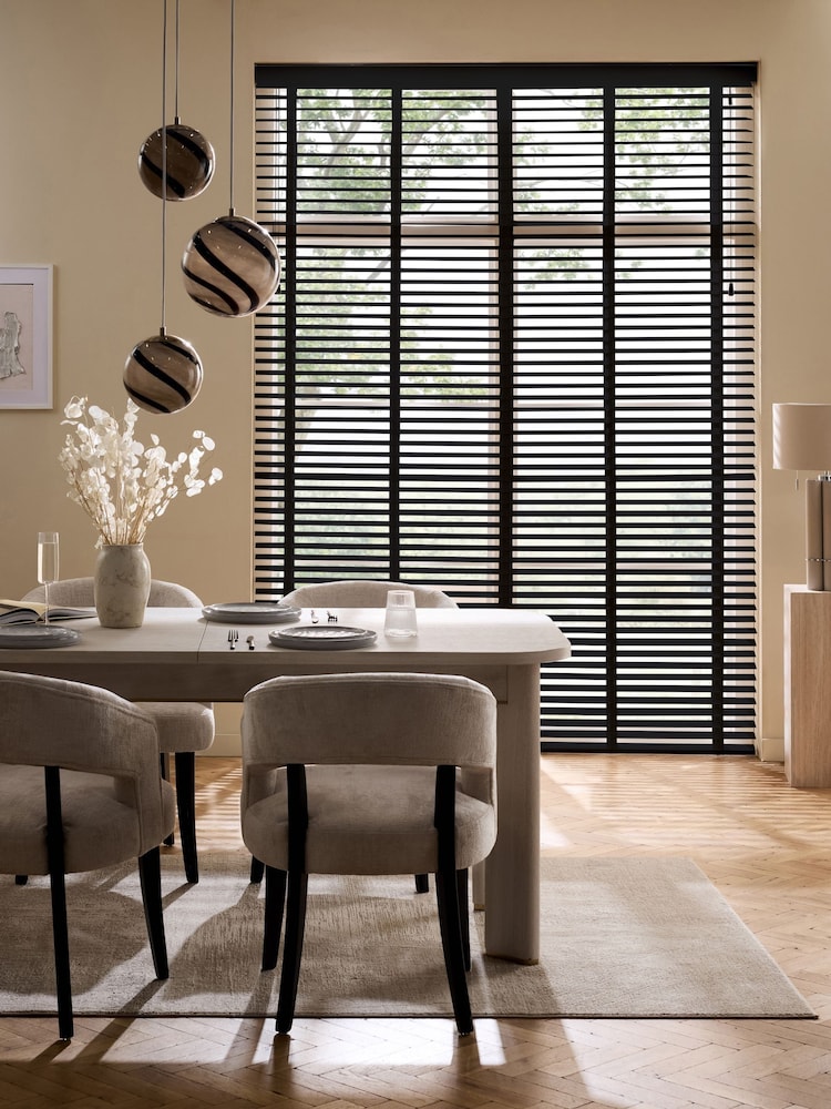 Black Made To Measure 50mm Sunwood 38mm Jet Taped Venetian Blinds - Image 1 of 6 Black Made To Measure 50mm Sunwood 38mm Jet Taped Venetian Blinds - Image 1 of 6