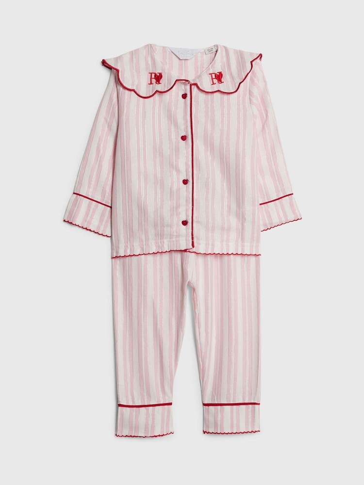 River Island Pink Younger Girls Long Sleeve Stripe Scallop Collar Pyjamas - Image 2 of 5 River Island Pink Younger Girls Long Sleeve Stripe Scallop Collar Pyjamas - Image 2 of 5